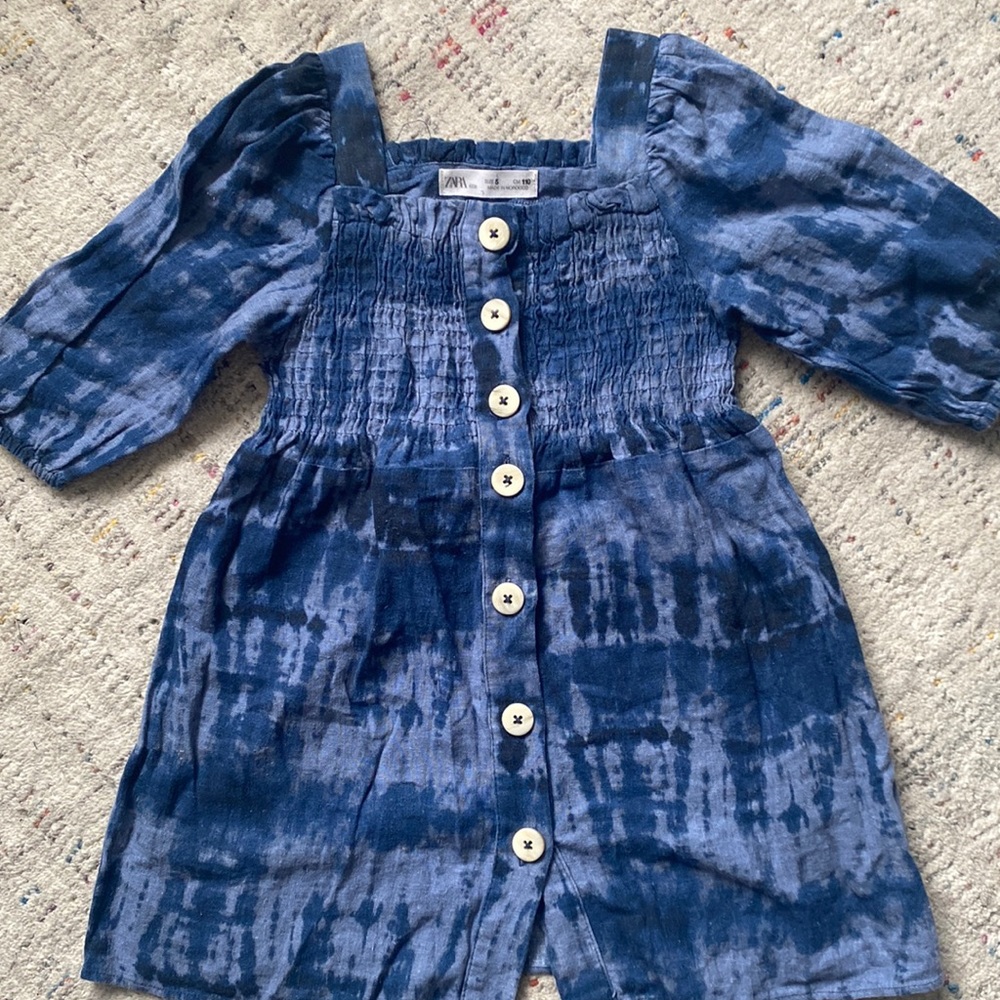 Zara denim blue indigo tie dye button down linen summer spring dress size 5